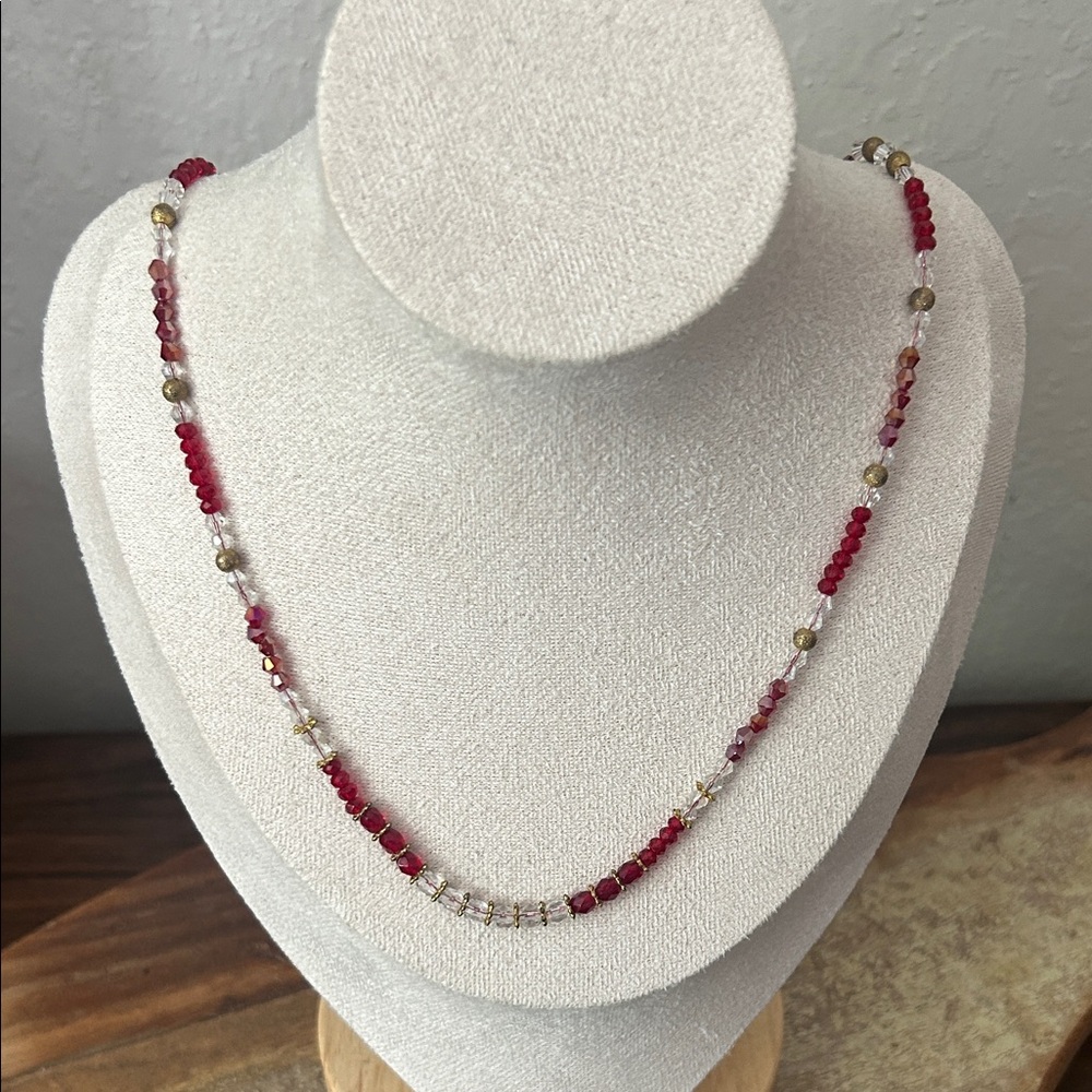 Vintage Shimmering Red Beaded Necklace with Gold Clasp
